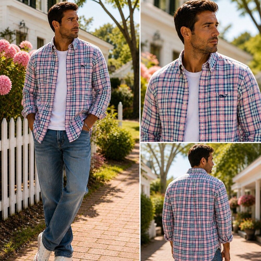 Vineyard Vines Sz L Slim Fit Pink Blue Plaid Tucker Shirt Coastal Preppy Classic